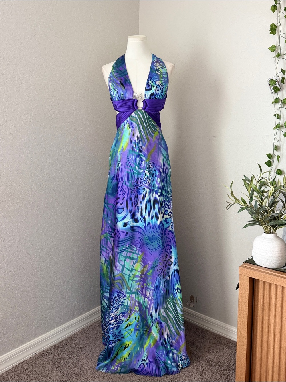Vintage 2000s Y2K Morgan & Co. Animal Print Halter Maxi Prom Dress